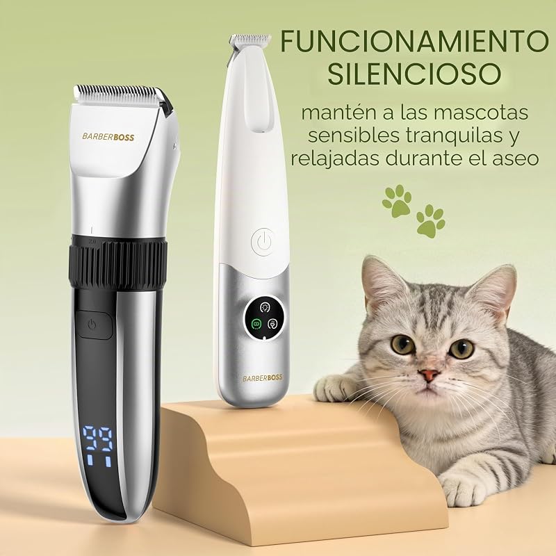 Máquina de cortar cabelo sem fios para cães, impermeável, lâminas cerâmicas, ecrã LED, carregamento rápido, máquina elétrica para animais (prateada e branca)
