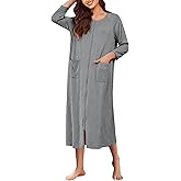 Ekouaer Zipper Robes for Women Ribbed Knit Bathrobe Lightweight Full Length Loungewear with Pockets S-3XL