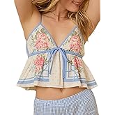 Women Y2k Ruffle Flowy Tank Top Boho Floral Patchwork Babydoll Cami Top V Neck Spaghetti Strap Vest Streetwear