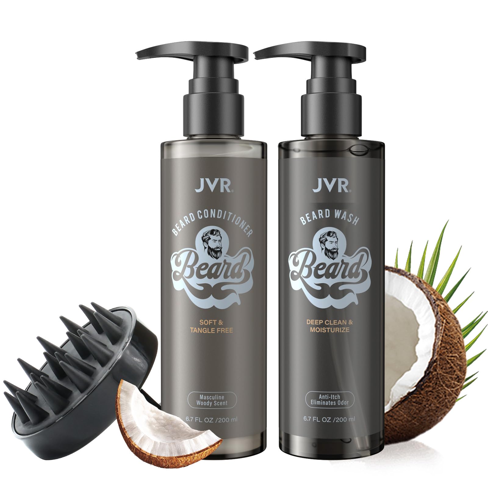 JVR Beard Shampoo and Conditioner, Natural Beard Wash & Conditioner, Beard Grooming Kit, Softens & Strengthens, Prevents Itch & Dandruff, Beard Care with Massage Brush, Gifts for Men (2 x 200 ml)
