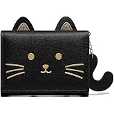 Sunwel Fashion Girls Cute 3D Cat Face Glitter Ears Wallet with Tail Tri-folded Wallet ID Card Case with Zipper Pocket (BLACK, CAT)