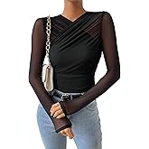 GORGLITTER Women's Sheer Mesh Long Sleeve Top See Throuogh Ruched Criss Cross Tees Shirts Going Out Tops