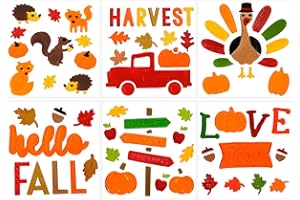 JOICEE 6pcs Fall Gel Window Clings, Thanksgiving Pumpkin Turkey Maple Leaf Harvest Window Clings Sticker for Fall Window Decors