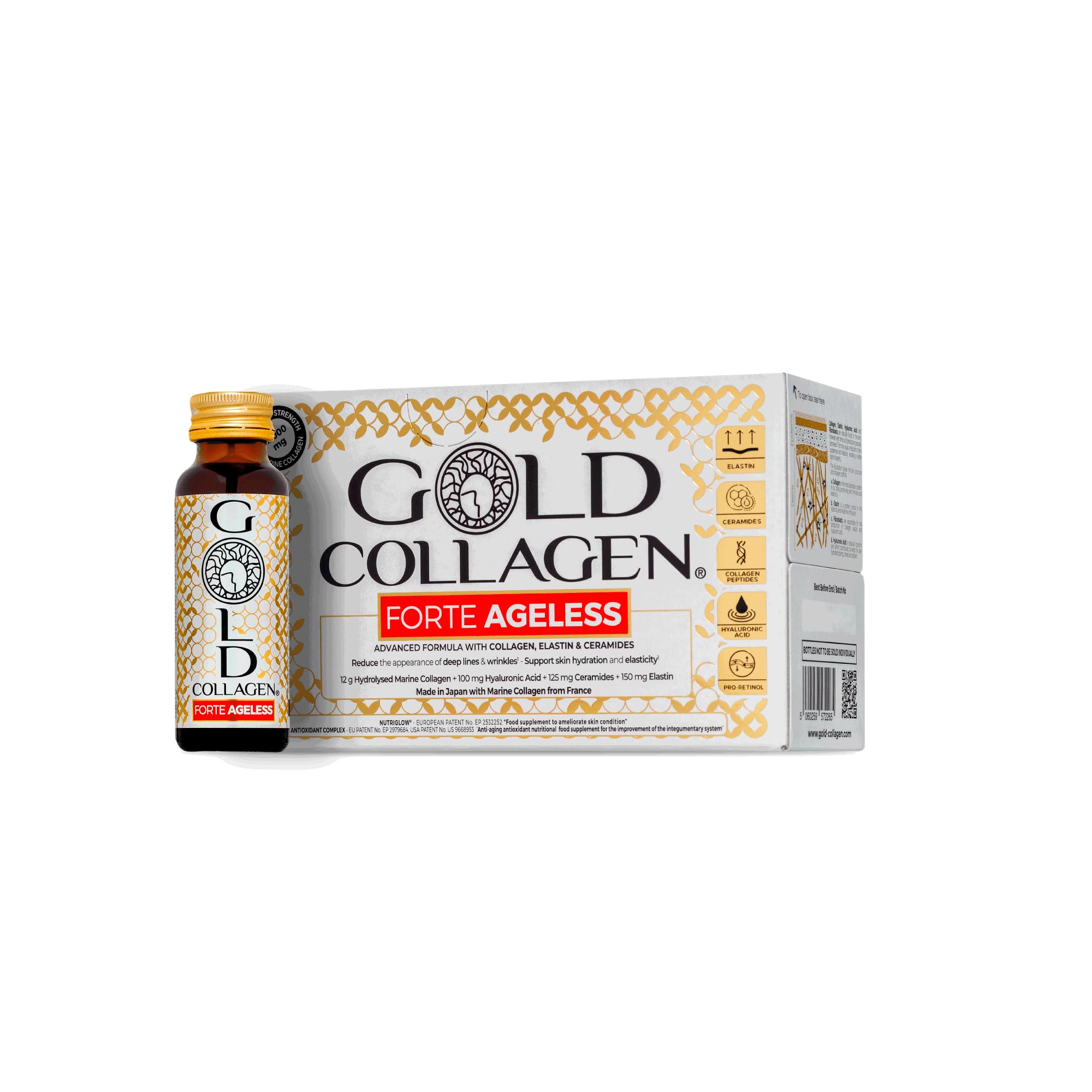 GOLD COLLAGEN Forte Ageless - Anti Wrinkle Collagen Supplements for Women & Men with Vitamin C, Biotin, Hyaluronic Acid, Marine Collagen - Deep Lines Reduction, Antioxidant & Plumping, 1 Pack 10x50 ml