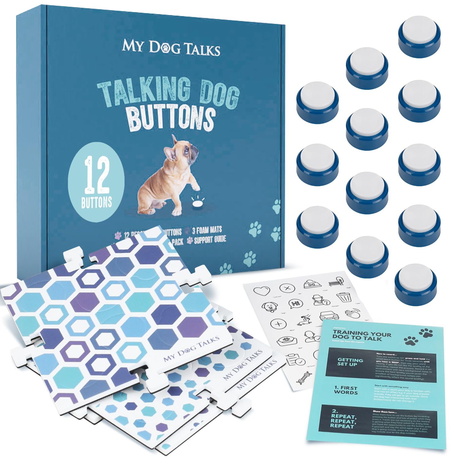 Dog and Cat Communication Training Buttons | MyDogTalks | Train your Dog to Talk | Recordable Buttons for Pet Communication | Dog Talking Button Set (12-pack with 3 Mats)