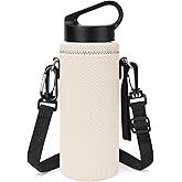 Linkidea Water Bottle Carrier with Shoulder Strap Compatible with Hydroflask Standard Mouth 18oz, CamelBak Carry Cap 20oz,Waterbottle Sling Bag Holder (Off White)