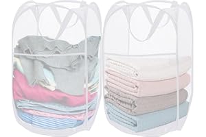 Aplter 2 Pack Mesh Pop Up Laundry Baskets, Collapsible Laundry Hampers, Foldable Clothes Basket Storage Bins with Handles & Side Pocket for Cruise, Travel, Laundry Room, Dorm, Home (White)