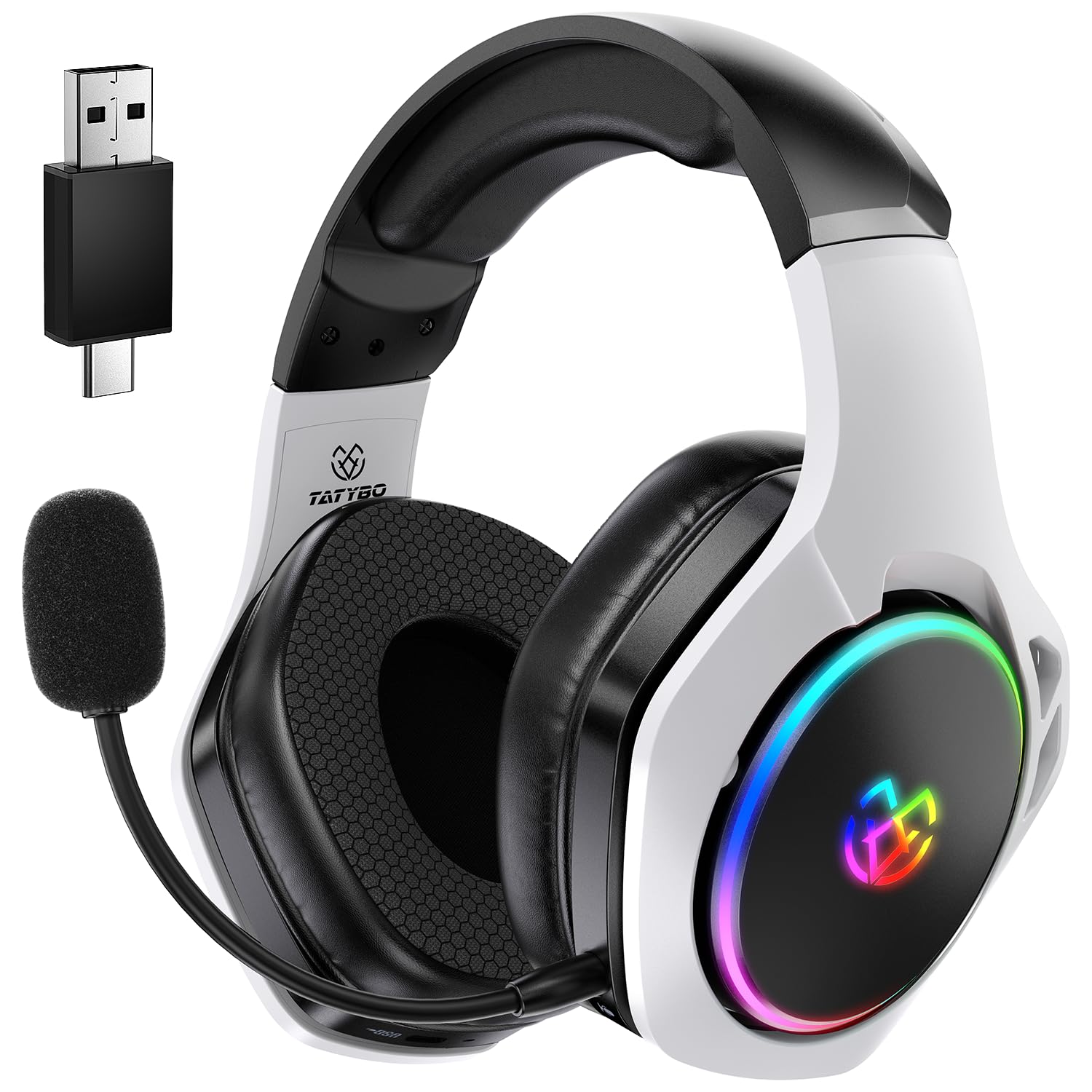 Photo 1 of Tatybo 2.4GHz Wireless Gaming Headset for 40Hr+, Bluetooth 5.3 Wireless Headset with 360°Adjustable ENC Mic, Gaming Headphones for Ps5, Ps4, PC, Switch, Phone
