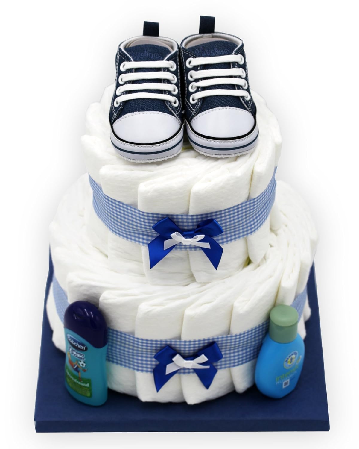 Windeltorte"Blue Shoes" für Jungen - mit süßen Babyschuhen - das perfekte Geschenk zur Geburt oder Taufe + gratis Grußkärtchen