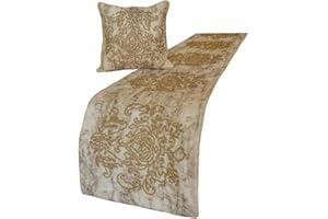 The HomeCentric King/Queen/Twin Ivory & Gold Decorative Twin 53"x18" Bed Runner Without Pillow Cover, Beaded & Foil Bed Scarf on Silk Fabric - Foil Damask Gold