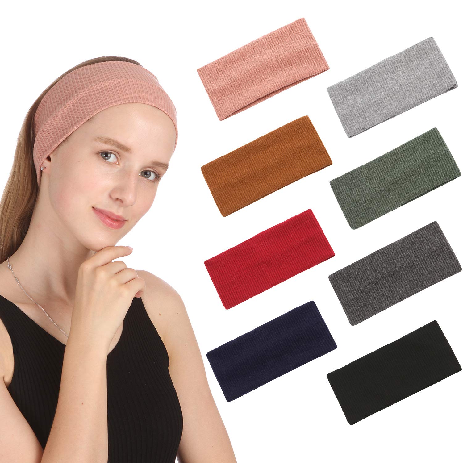 Folora 8 PCS Soft Knitted Cotton Elastic Headbands Yoga Running Sports Facial Hair Bands for Women Girls