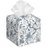 POIUBLE Blue Flower and Bird Tissue Box Cover Leather Tissue Box Holder Square Facial Paper Organizer Dispenser for Bathroom Kitchen Bedroom Vanity Countertop Night Stands