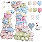 Duck Balloons Set,146pcs Balloons with Goose Pink Bow and Checked Heart Foil Balloons Garland Arch Kit for Baby Shower Gender Reveal One Silly Goose Birthday Party Supplies