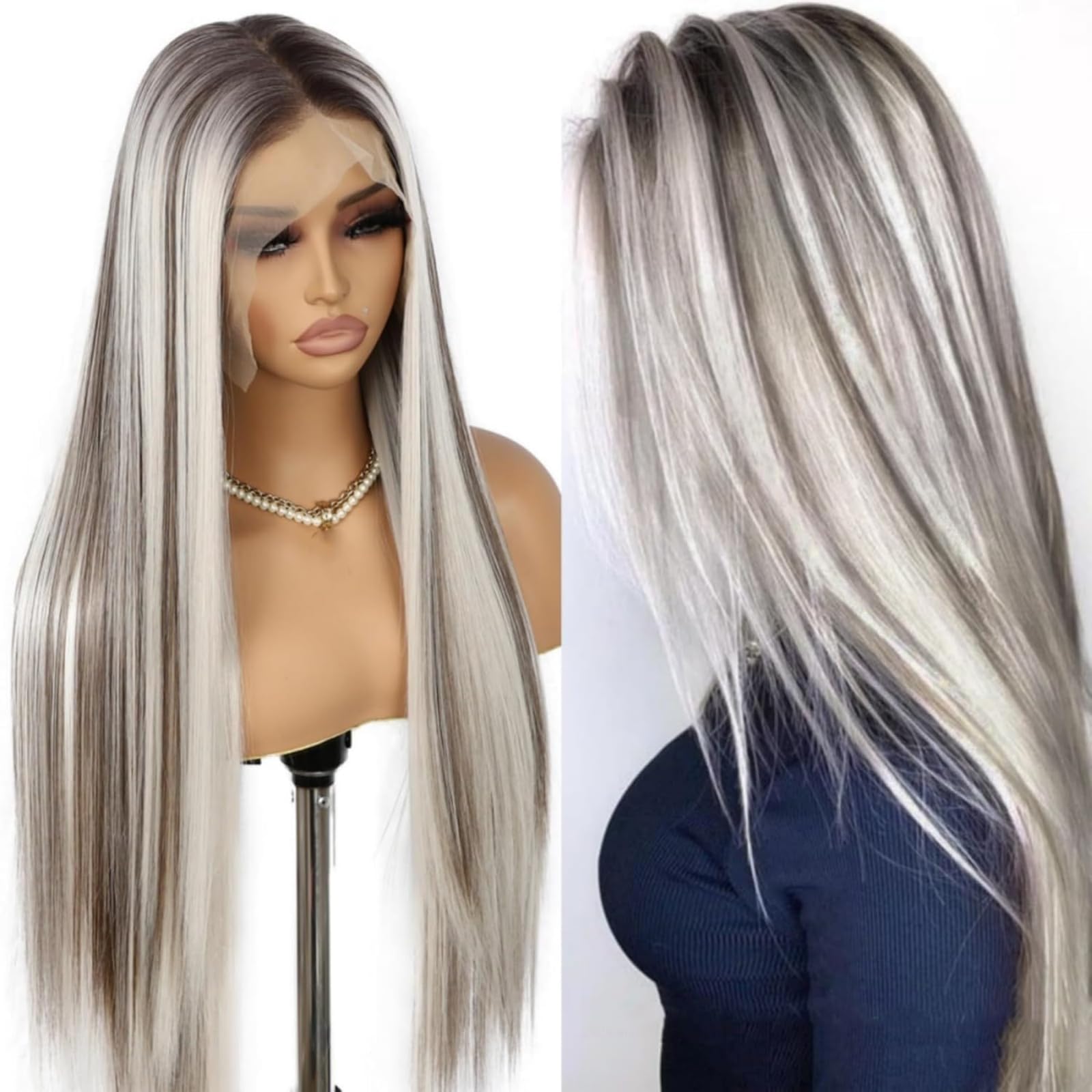 Photo 1 of SAPPHIREWIGS Straight Synthetic Lace Front Wigs for Women Ombre Platinum Blonde Wigs with Brown Highlight Glueless 13×6 Long Silky Straight Wig Pre-plucked Hairline Daily Use 26 Inches