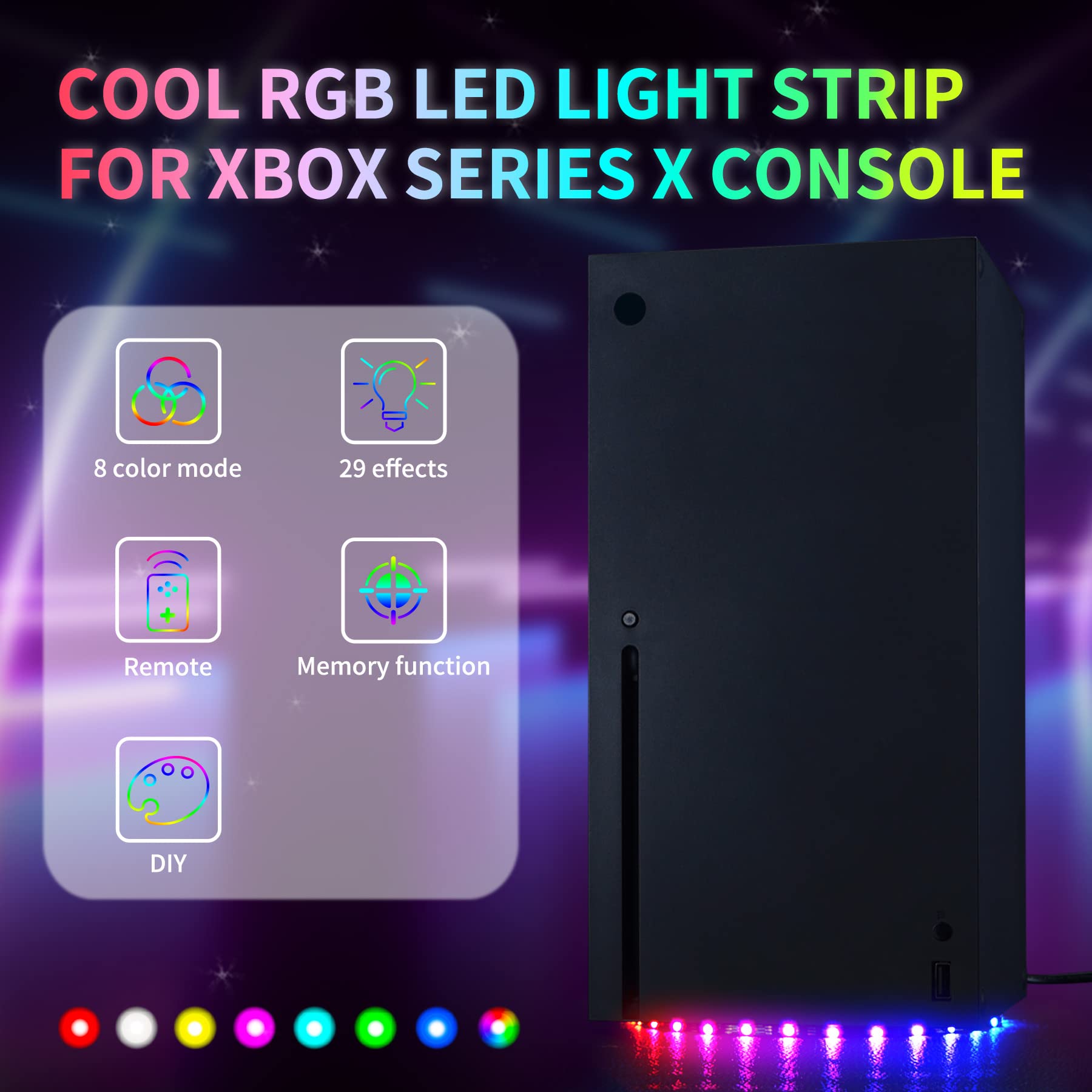 eXtremeRate PlayVital RGB LED Light Strip for Xbox Series X Console, 7 Colors 29 Effects DIY Decoration Accessories Flexible Tape Lights Strips Kit for Xbox Series X Console with IR Remote