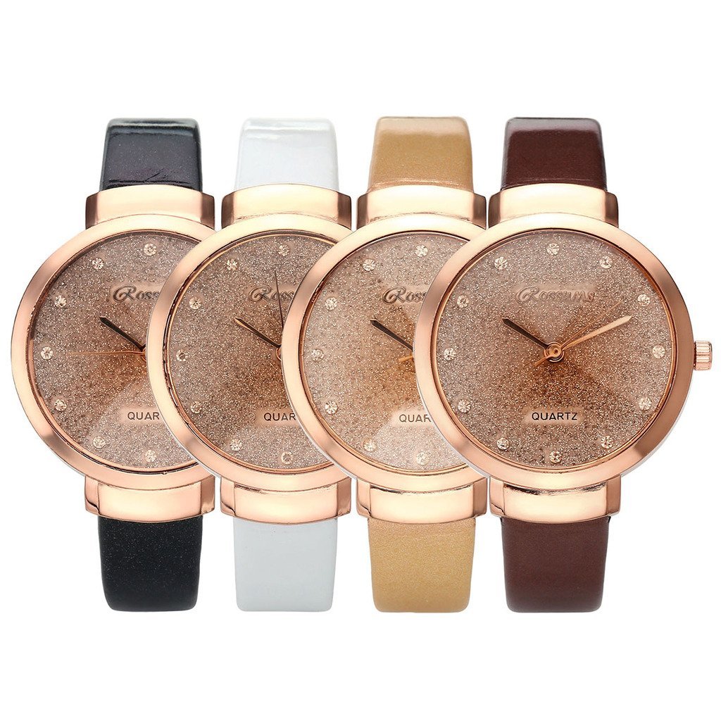 JSDDE Uhren,Elegante Damen Armbanduhr Braunglas Glitzer Dial XS Slim PU Leder-Band Ladies Dress Analog Quarzuhr,Weiss