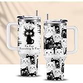 CGMIBAS Cat Lover Gifts, Gift for Cats Lovers Women Men Girls Funny 40oz Black Cats Themed Tumbler Cups with Handle - Everything Is Fine Mug, Christmas Birthday Gift for Black Cat Mom Lady Gifts Cup