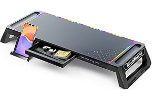 MOOJAY Monitor Stand for Desk RGB Gaming Lights with 4 USB 3.0 Hub, Foldable Computer Screen Riser with Storage Drawer and Phone Holder, Desk Organizer with Pen Tray for PC/Laptop/iMac - Black