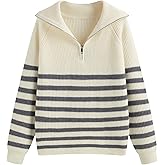 CIDER Women's Striped Quarter Zip Pullover Sweater Mock Neck Knit Fall Fashion Casual Sweater