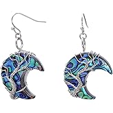 Sterling Silver Earrings Hooks Moon Shaped Abalone Shell Wrapped Tree of Life Earrings for Women, White Gold Tone