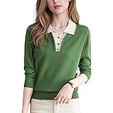 DOVWOER Women's Contrast V Neck Layered Look Sweater Long Sleeve 2 in 1 Pullover Knitwear Tops