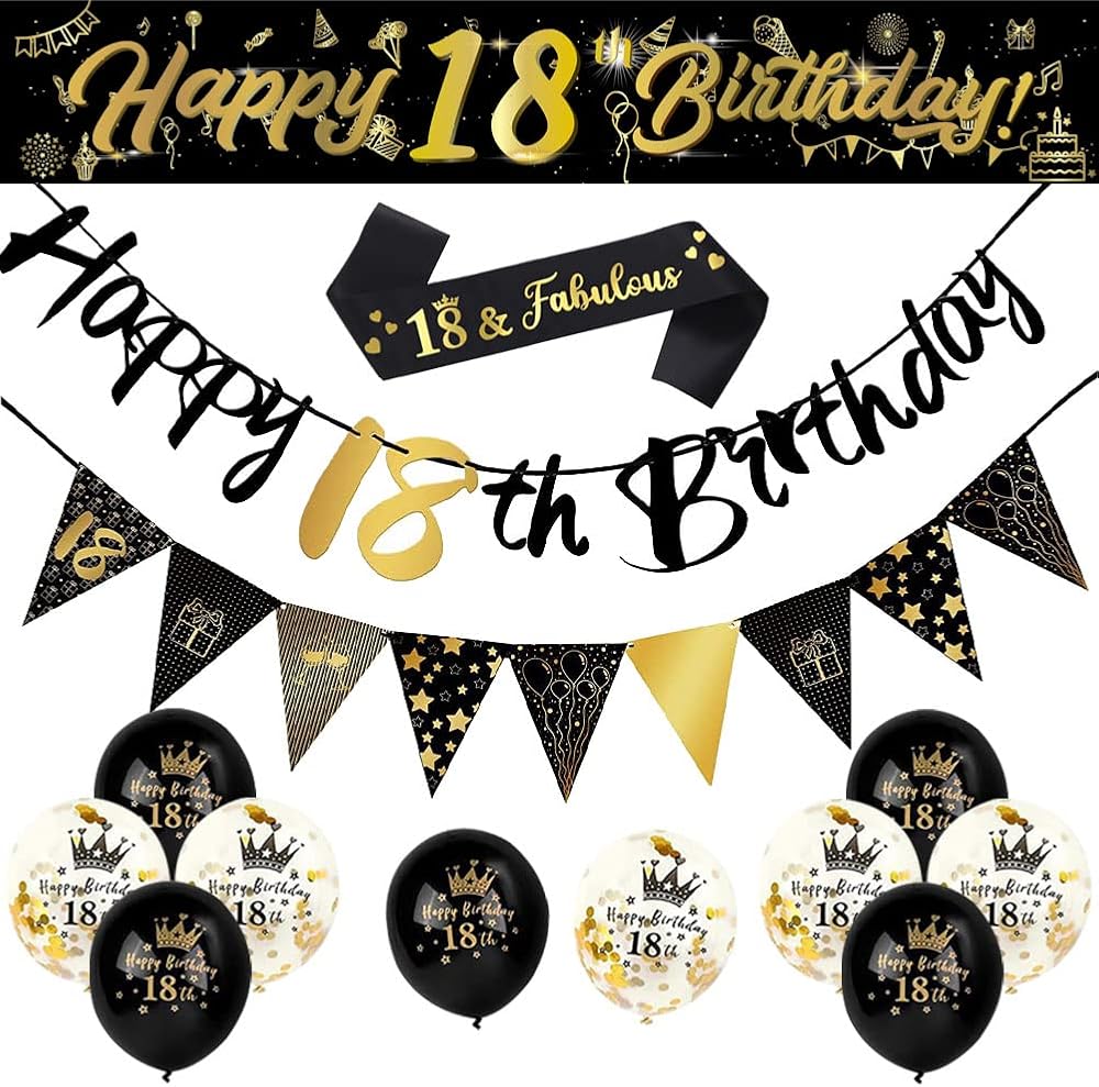 Yontree 14-Piece 18th Birthday Decoration Kit Gold Black 9ft Banner