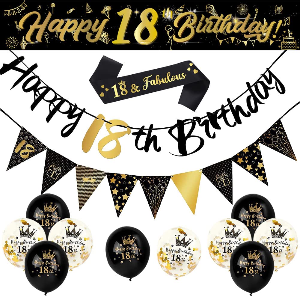 Yontree 14-Piece 18th Birthday Decoration Kit, Gold & Black Theme, Includes 9ft Banner, Birthday Strap, Bunting, Balloons