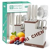 Teammay 10-Piece Kitchen Knife Set with Metal Block, Beige | Built-in Sharpener, 5 Ultra Sharp Kitchen Knives, Scissors, Stainless Steel Professional Cutlery Set