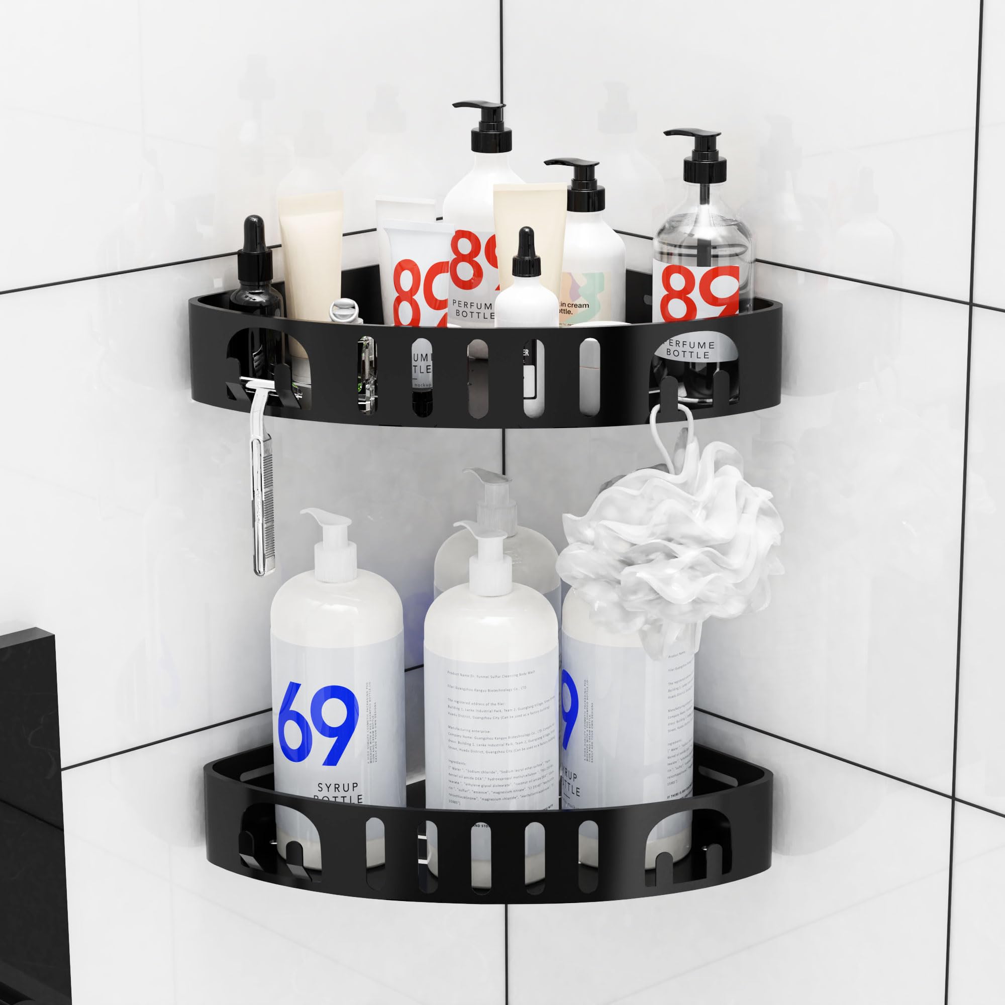 Photo 1 of DivaDwell Depot Adhesive Corner Shower Shelf No Drill | Rust-Proof Aluminum Alloy Stick On Bathroom Organizer with Shaving Holder for Shampoo, Conditioner, Soap, Razors Black 2Pack