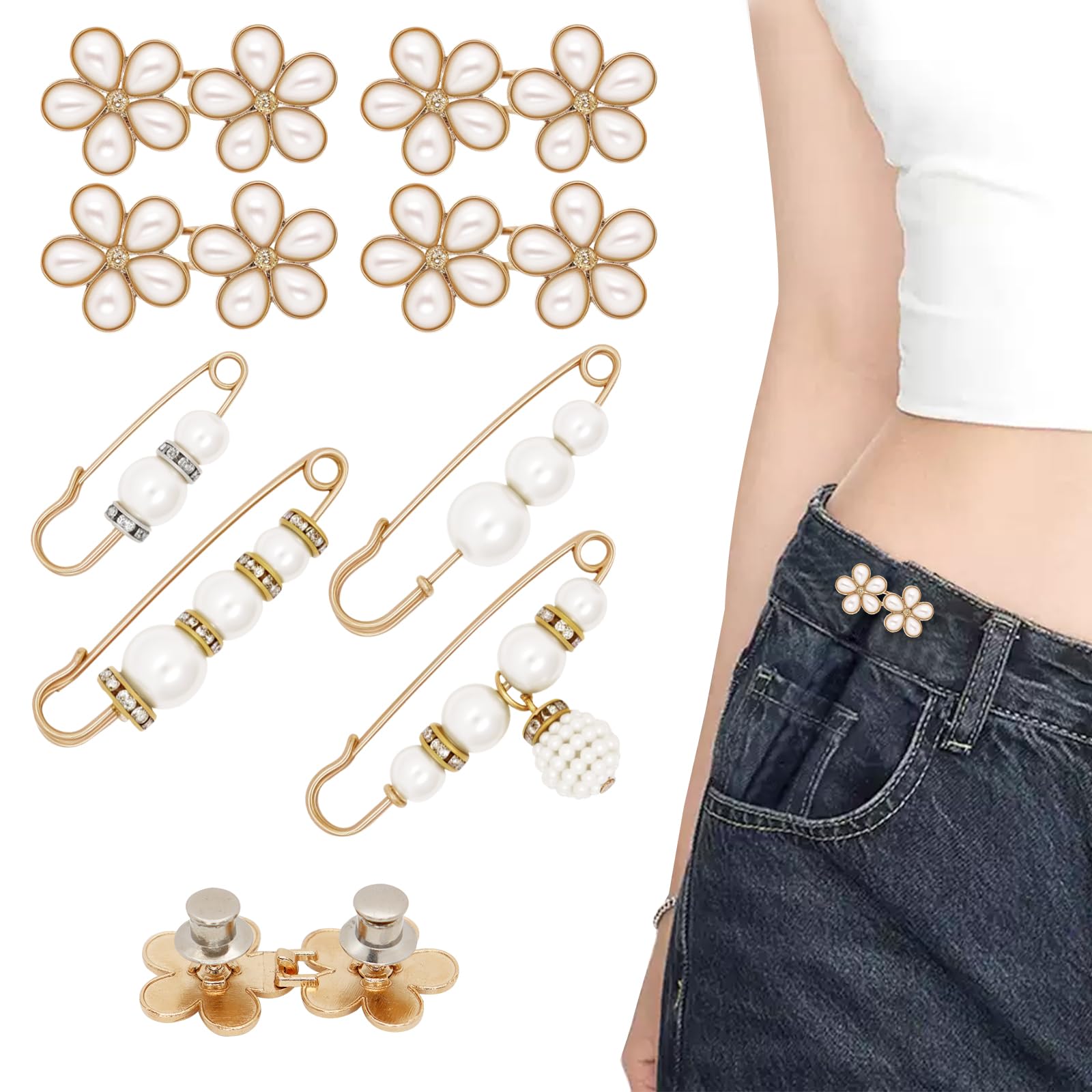 Photo 1 of Frutain 8 Set Pant Waist Tightener Pearl Buttons Pins for Loose Jeans Waist Cincher Clip Reusable Pearl Brooch for Clothing Dresses Skirts No Sewing and Tool Decoration Accessories