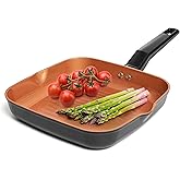 Moss & Stone Square Grill Pan For Indoor Cooking, 9.5In Frying Pan Copper Non-Stick Saute Fry Pan, Induction Copper Pan for Meats & Vegetables, Aluminum Griddle Nonstick Stove Top Grill Pan