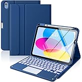 MoKo Touch Keyboard Case for iPad (A16) 11th Generation 11 inch 2025, iPad 10th Generation 10.9 inch Case with Pencil Holder, 7 Colors Backlit Multi-TrackPad Detachable Bluetooth Keyboard, Navy Blue