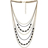 COOLSTEELANDBEYOND Gold Black Statement Collar Necklace Waterfall Multi-Strand Chains Black Gem Stone Ball Charm