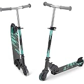 Amazon Basics Kids Kick Scooter, Foldable, Light Up Wheels, Adjustable Handlebar, Aluminum Frame, 3.9-Inch Wheels, Black/Teal