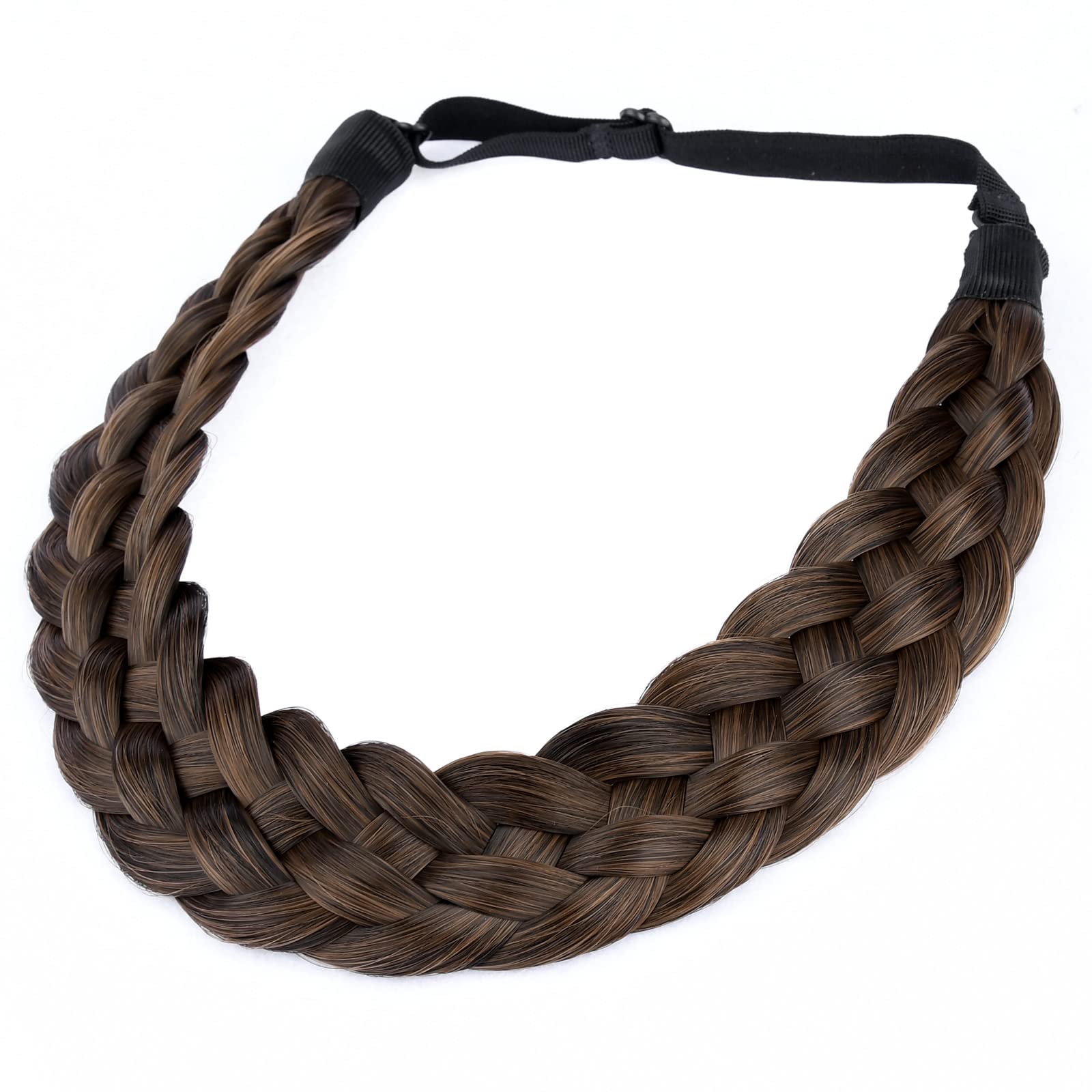 BOBIYA 5 Strand Synthetic Hair Braided Headband Classic Chunky Wide Plaited Braids Elastic Stretch Hairpiece for Women Girl (Copper Brown)
