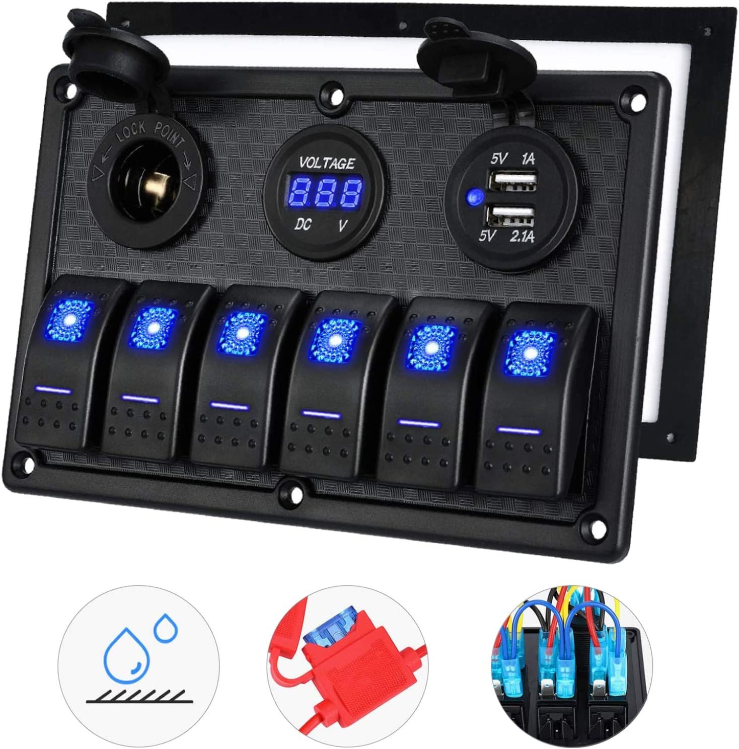 Kohree 6/8 Gang Marine Boat Rocker Switch Panel, 12V Waterproof RV Led Switch Panel for Car Truck Marine Boat, Digital Voltmeter Display Dual USB Charger Port DC 12 Volt Socket 12/24V Blue Lighted : Sports & Outdoors