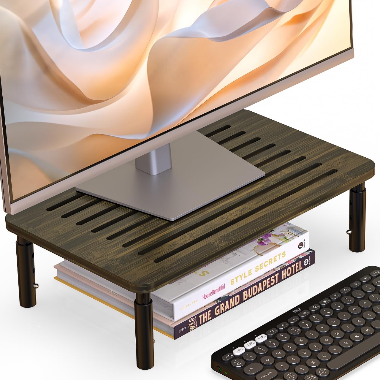 Photo 1 of WELL WENG Bamboo Monitor Stand Riser, 4 Adjustable Height, 15.55x9.25 Laptop Stand with Airflow Vents, Desk Organizer for Computer, PC, Printer (Wenge)