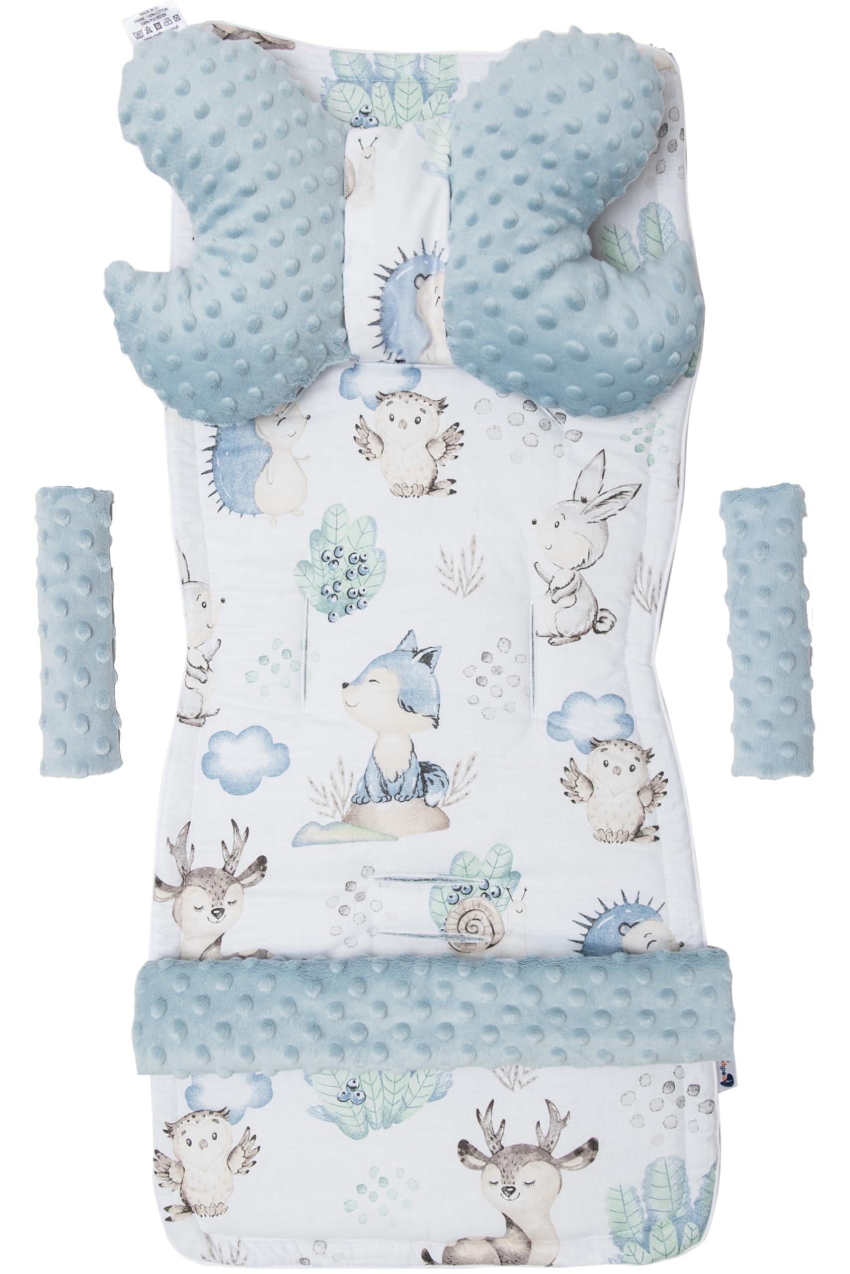 Medi Partners Universal Seat Cover for Pushchairs and Buggies Seat Cover Pushchair Seat Cover 5 Pieces Belt Pad + Play Arch Plush Cotton (Deer and Hedgehogs with Blue Plush)