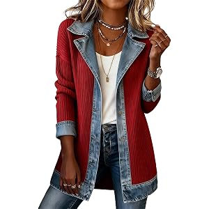 Denim Blazer for Women Corduroy Patchwork Cardigan Casual Thin Collared Button Down Long Sleeve Jacket