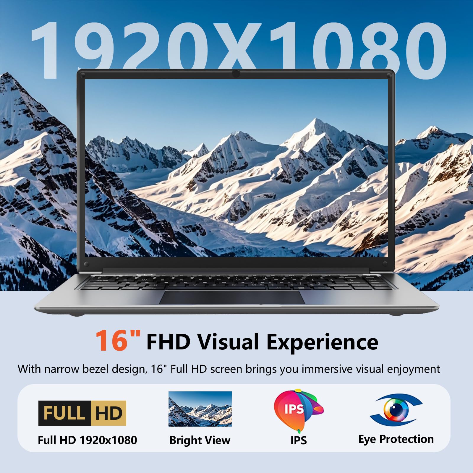 Exilapsire 16 inch Laptop, Quad-Core Up to 2.64 GHz, 8GB 256GB Memory, Win11, HD IPS, Slim and Lightweight Notebook, Work and Students Laptop, Gray
