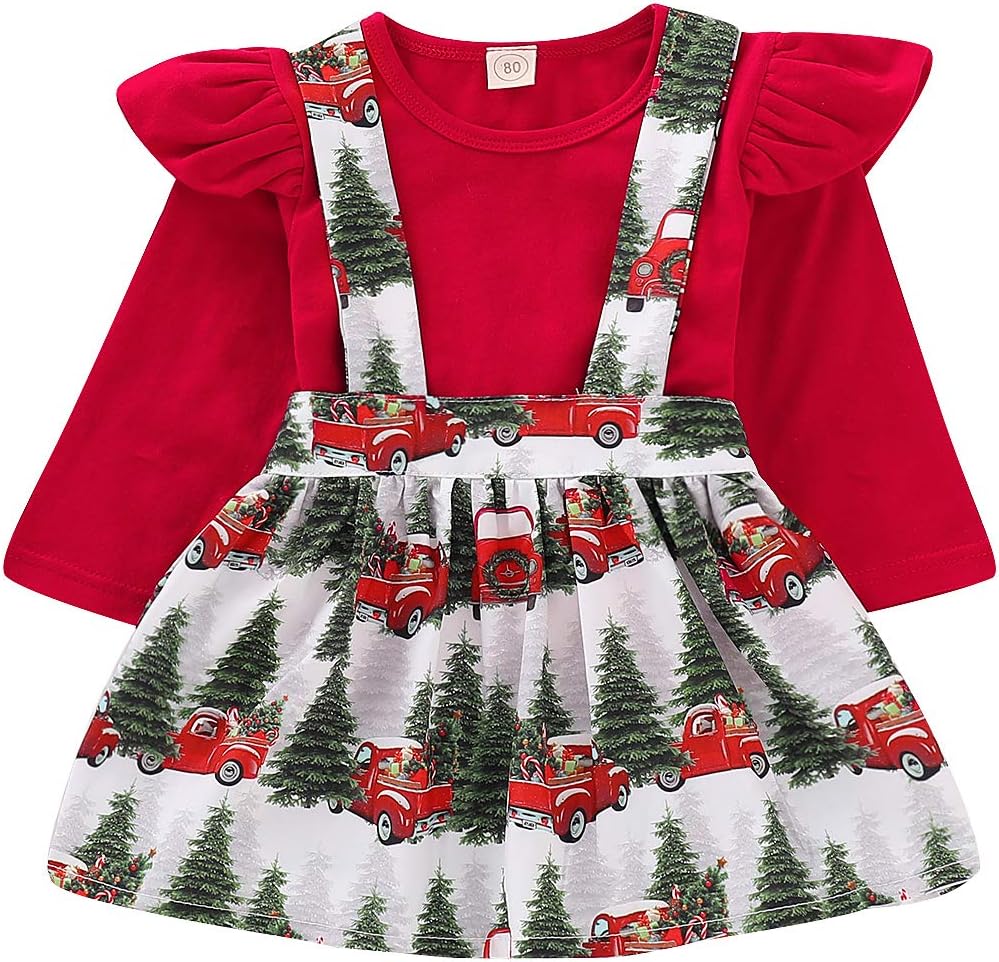 Baby Girls Suspender Skirt Set Ruffle Long Sleeve Tops + Christmas Tree Plaid Skirt Outfit