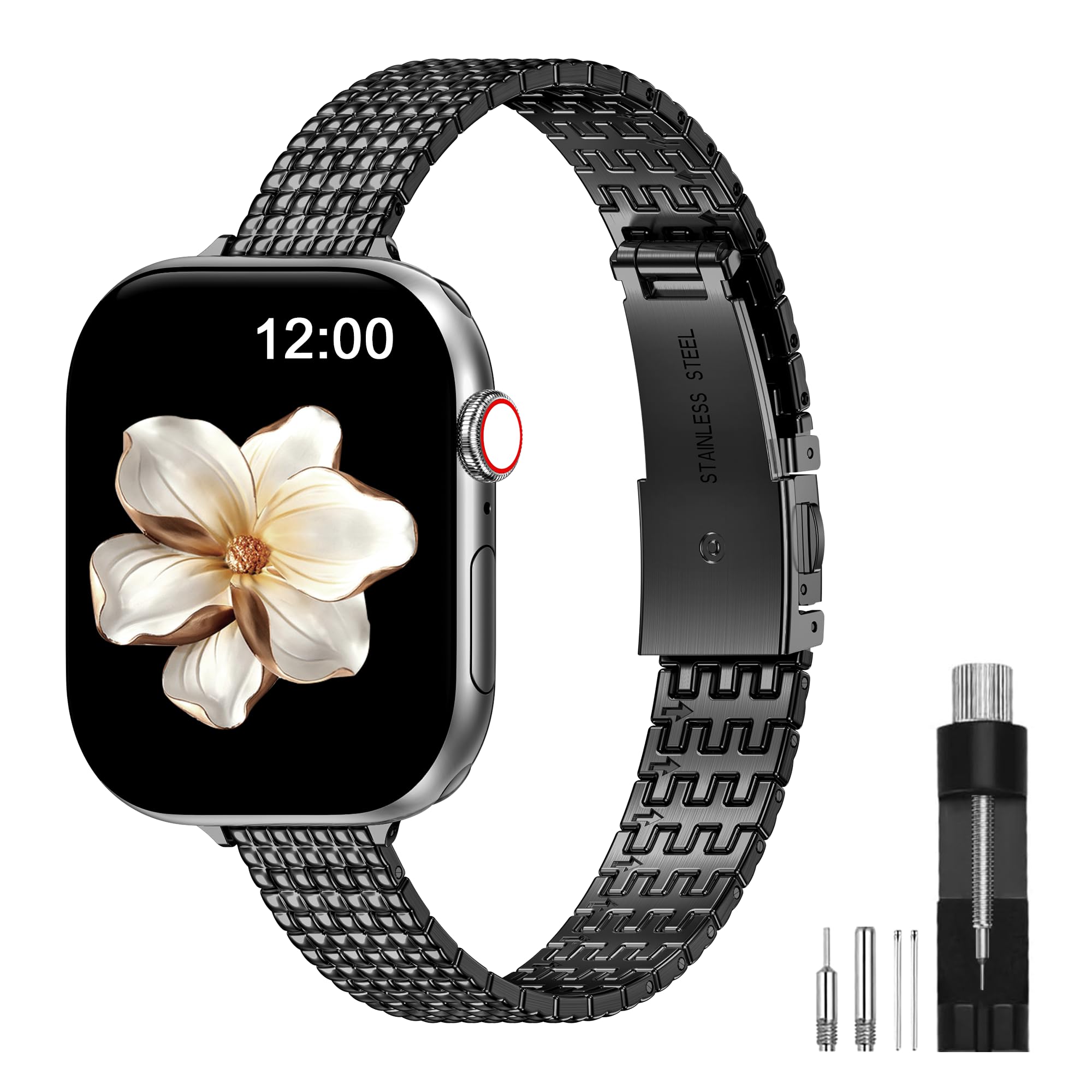 Photo 1 of MioHHR Slim Metal Band Compatible with Apple Watch Bands 38mm 40mm 41mm 42mm(Series 11 10),Thin Stainless Steel Replacement Strap for Women iWatch Series 9 8 7 6 5 4 3 2 1 SE3/2/1,Black