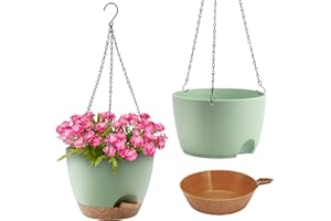 QRRICA 8-Inch Self-Watering Hanging Planters, Plastic Planters with Drainage Holes and Saucers, Hanging Baskets, Nursery Planting Pots for Indoor Plants, 2-Pack, Green