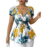 SHENHE Women's Floral Puff Sleeve Ruffle Hem Peplum Blouse Smocked Cinched Waist V Neck Top