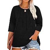 Chulianyouhuo Womens Plus Size Tops Casual 3/4 Sleeve Crewneck Pleated T Shirt Dressy Loose Tunic Blouse