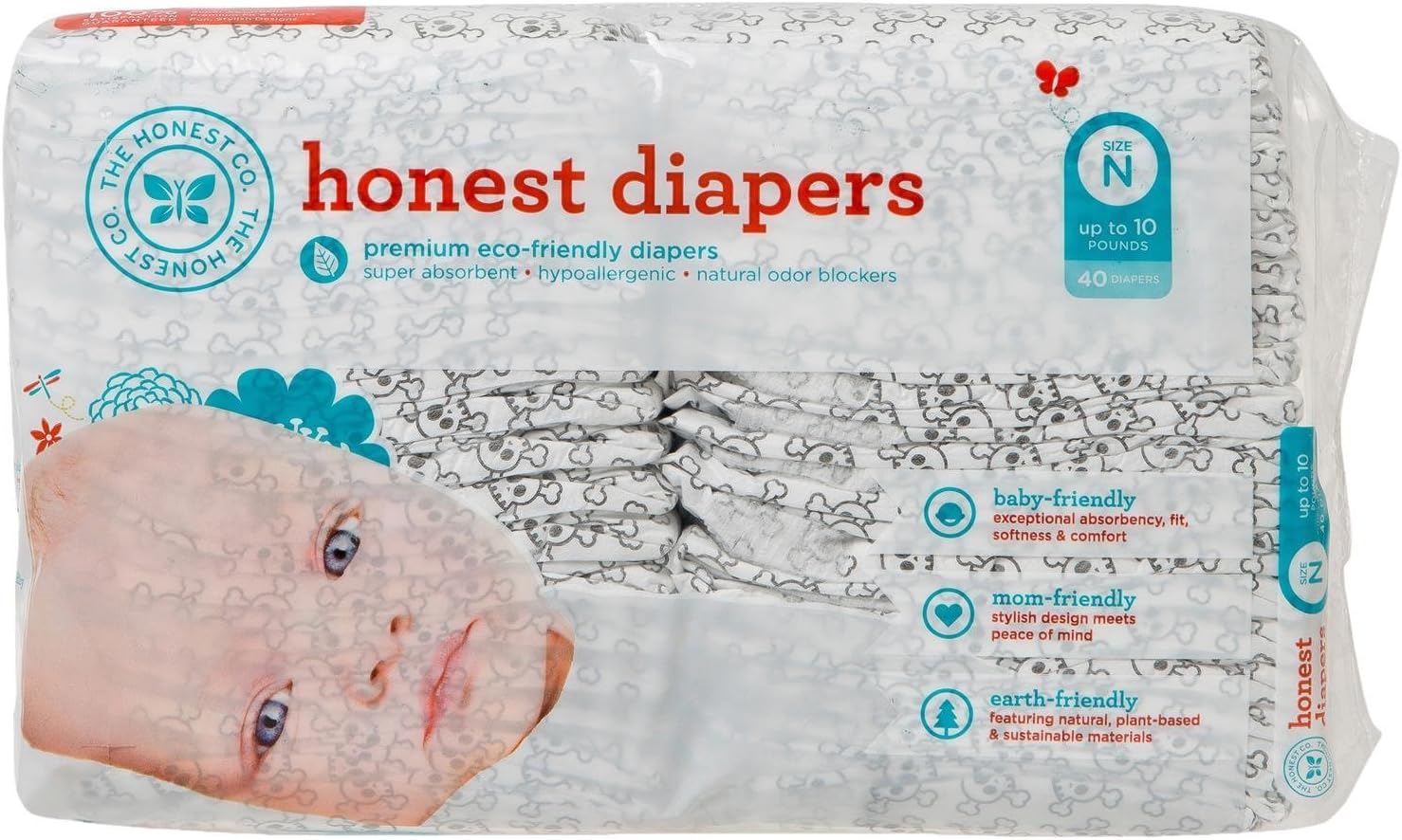 Honest Diapers, Skulls, Size N, 40 Count