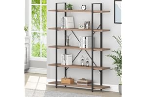 HSH Industrial Wood and Metal 5 Tier Bookshelf, Large Tall Open Rustic Wide Etagere Bookcase, Vintage Farmhouse Modern Wooden Big Book Shelf for Home Living Room Bedroom Office Storage, Rustic Oak