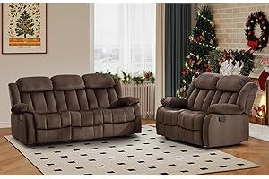 EBELLO Manual Reclining Sofa Set, Classic 5-Seater Furniture Set with Overstuffed Arms and Backrest, Include 1 Loveseat Couch and 1 3- Seat Sofa, Brown
