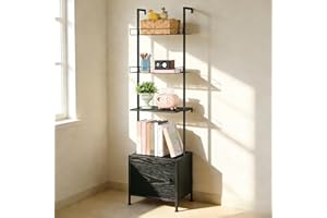 4 Tier Ladder Bookshelf with Drawers Wall Mounted Storage Shelves Black Industrial Bookcase with Metal Frame, Freestanding or