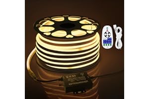 Samsion 150ft LED Neon Strip Lights for Outdoor Waterproof Neon Rope Light AC 110V~130V Warm White Neon LED Flexible String Light with Dimmable Controller for Outside Bedroom Garden Building Yard